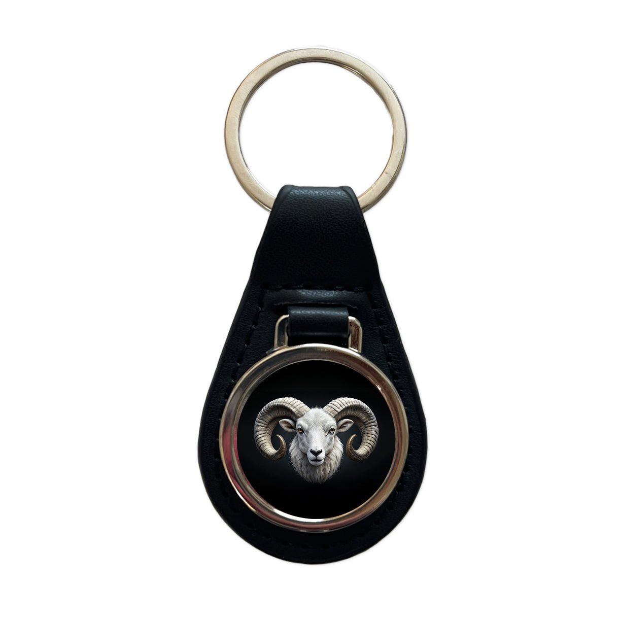 White Ram Head Black Leather Metal Keychain