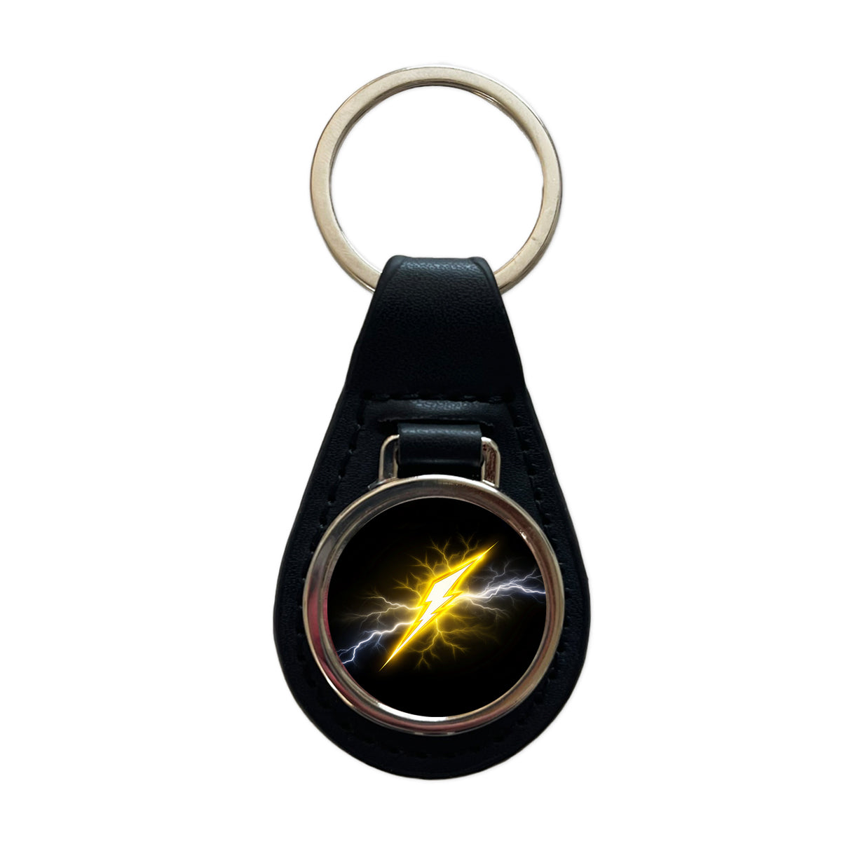 Yellow and White Lightning Bolt On Black Black Leather Metal Keychain