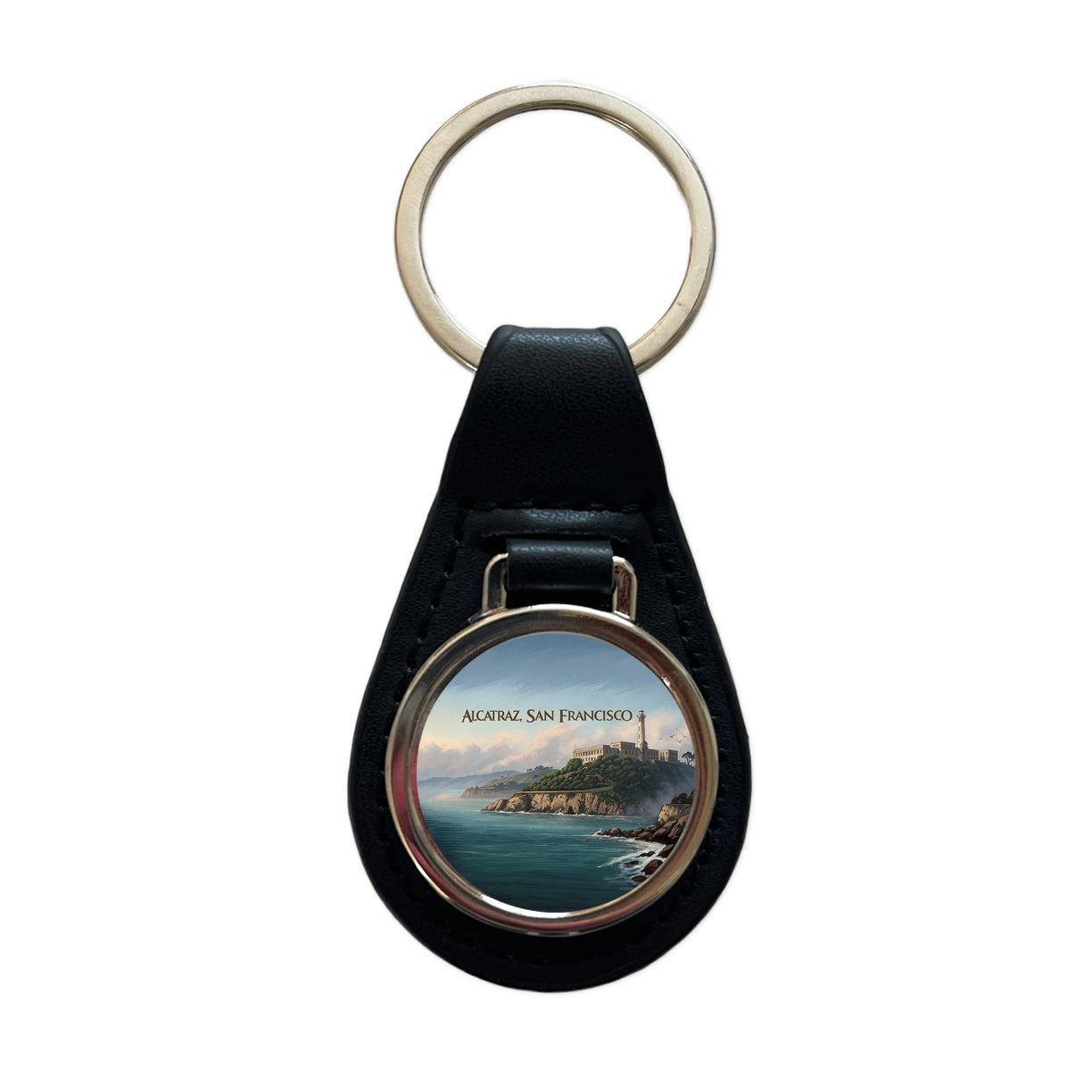 Alcatraz Prison Island San Francisco Black Leather Metal Keychain