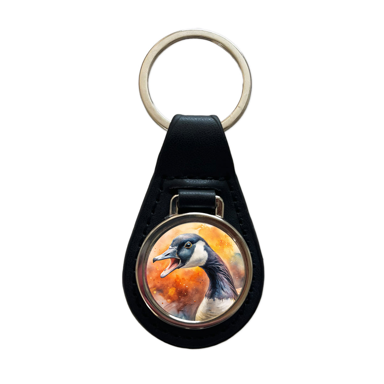 Angry Canadian Canada Goose Watercolor Black Leather Metal Keychain