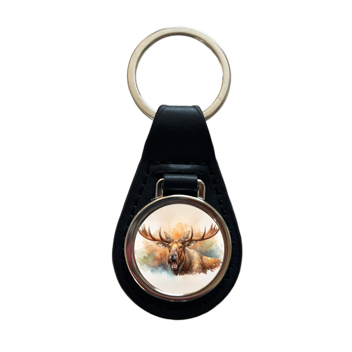 Angry Moose Watercolor Black Leather Metal Keychain