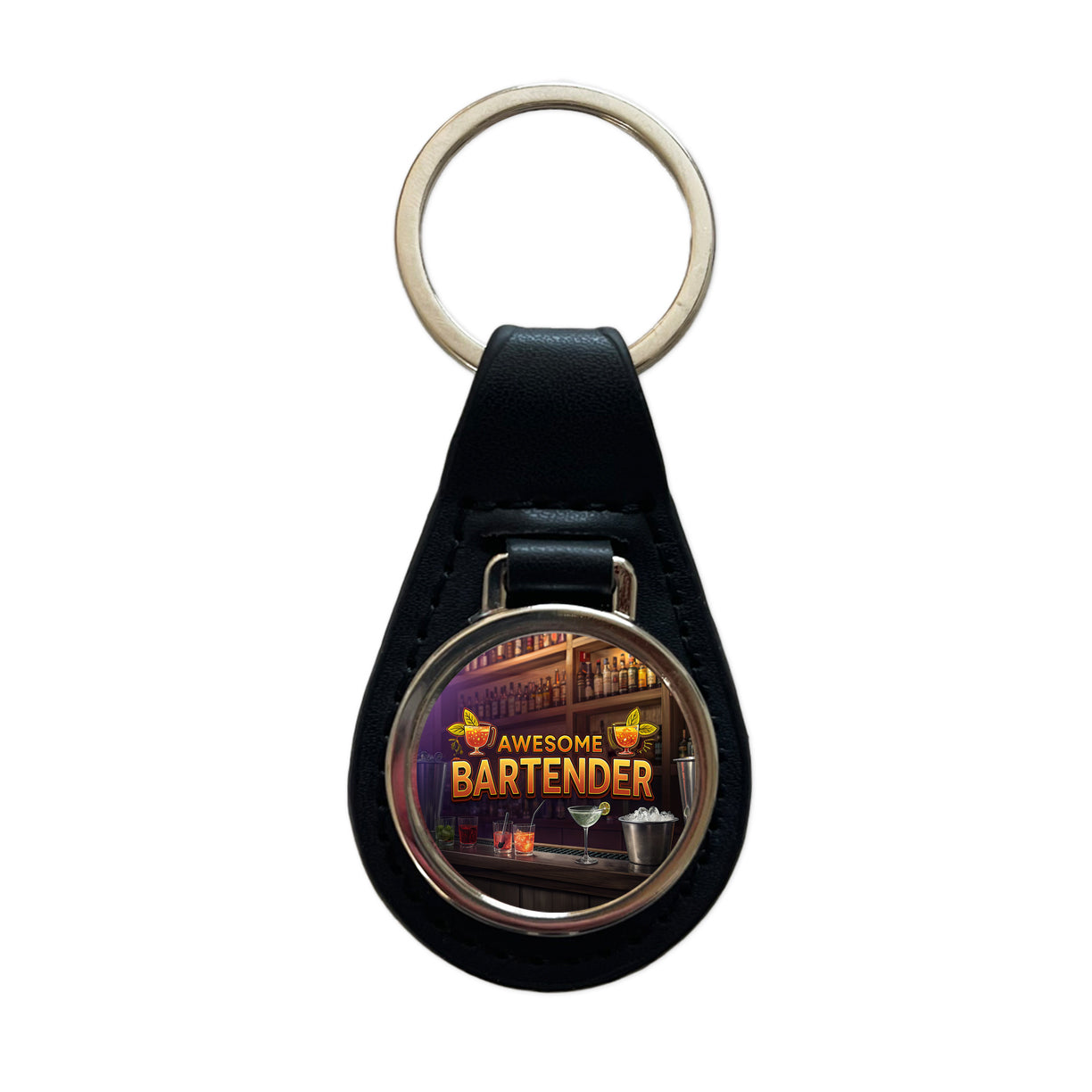 Awesome Bartender Inspirational Black Leather Metal Keychain