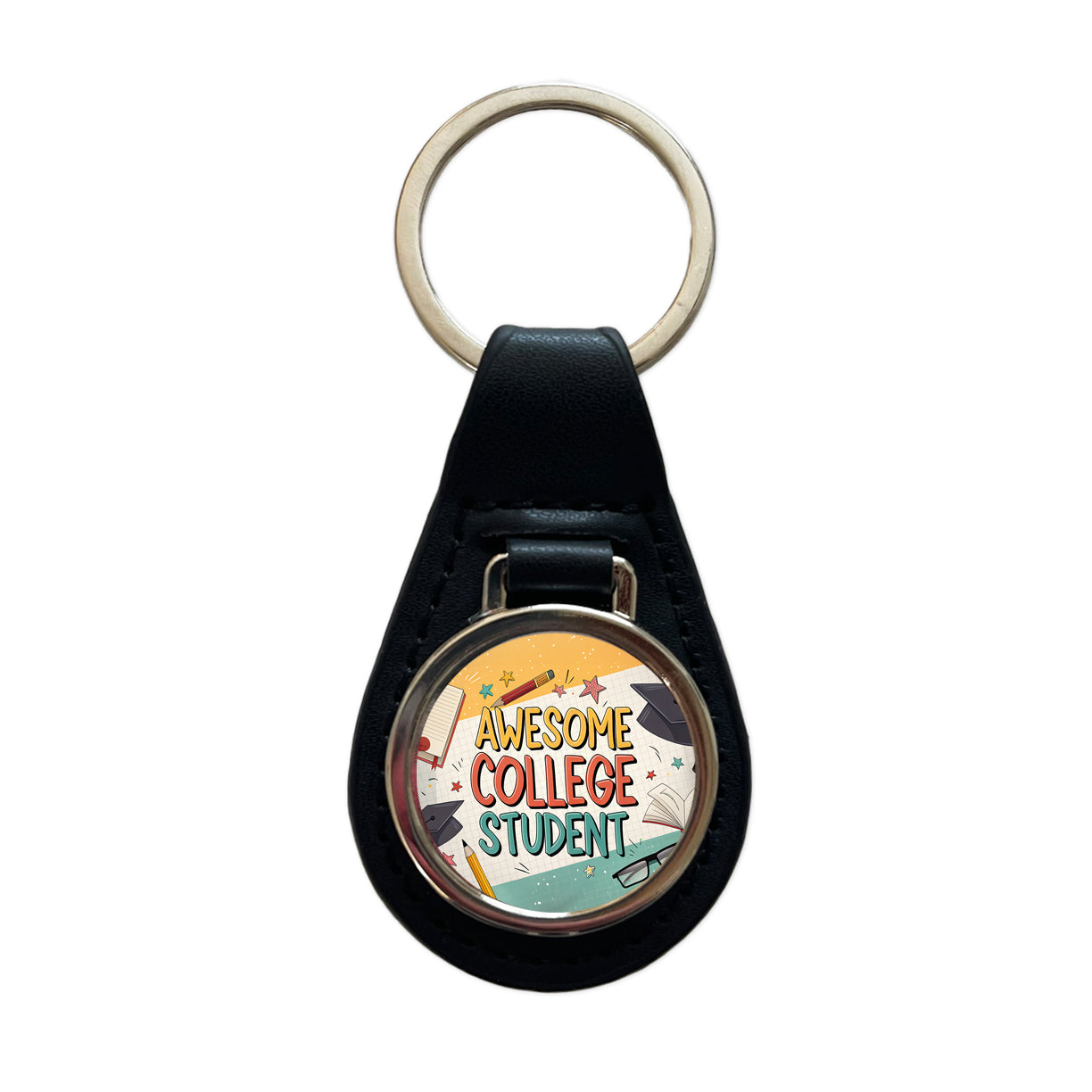 Awesome College Student Graduation Inspirational Black Leather Metal Keychain