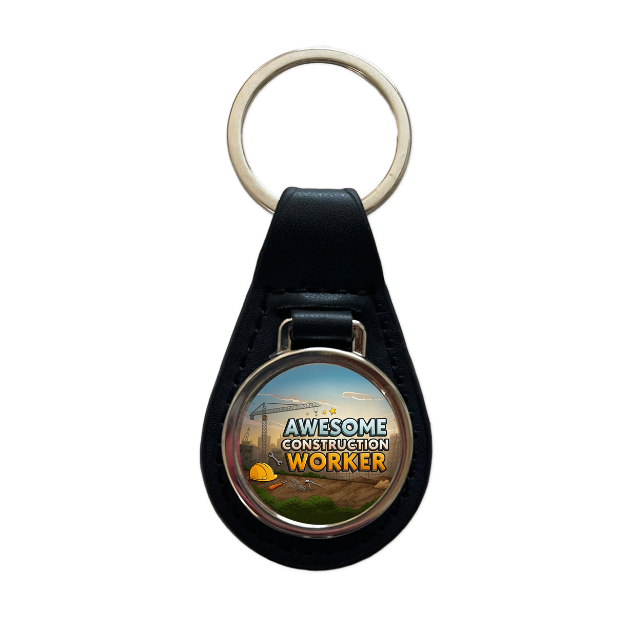 Awesome Construction Worker Inspirational Black Leather Metal Keychain