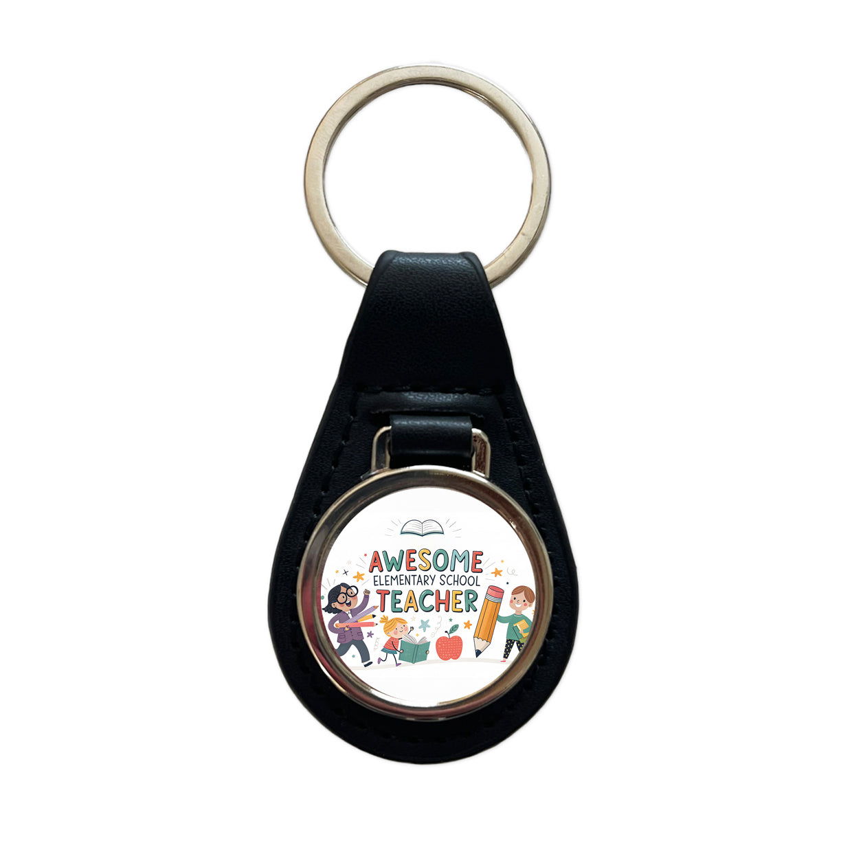 Awesome Elementary School Teacher Inspirational Black Leather Metal Keychain