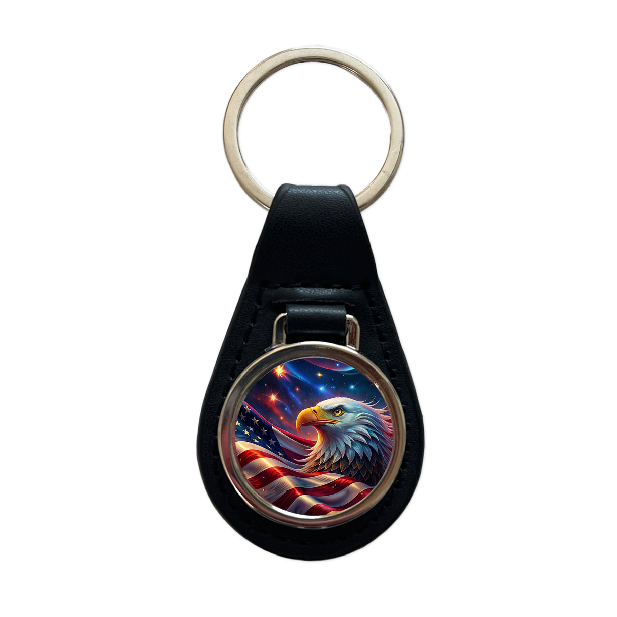 Awesome Patriotic American Flag and Bald Eagle Black Leather Metal Keychain