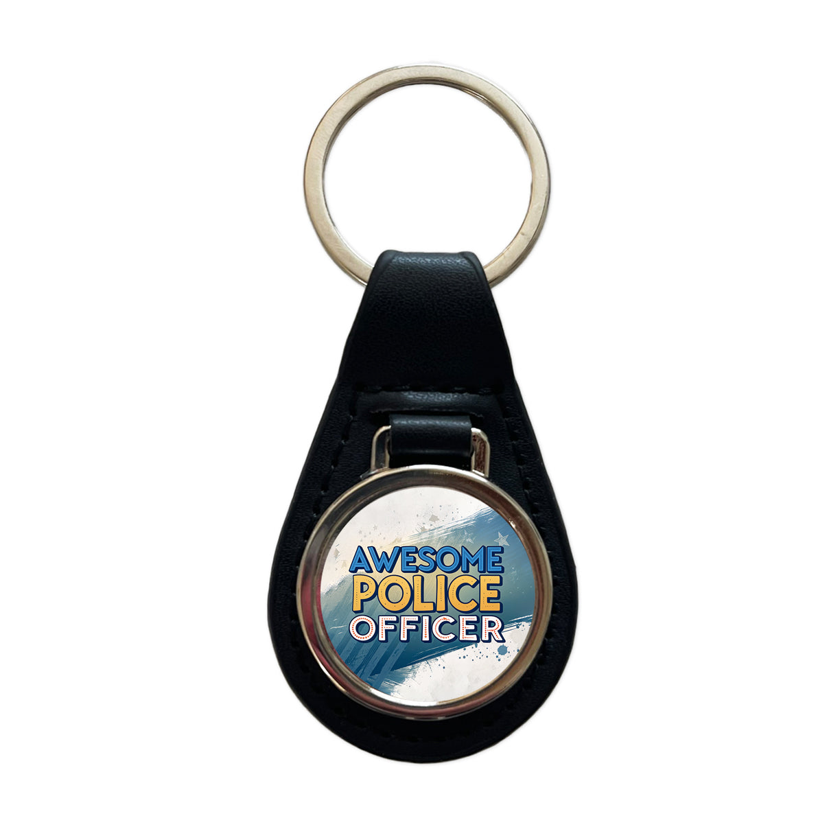 Awesome Police Officer Inspirational Black Leather Metal Keychain