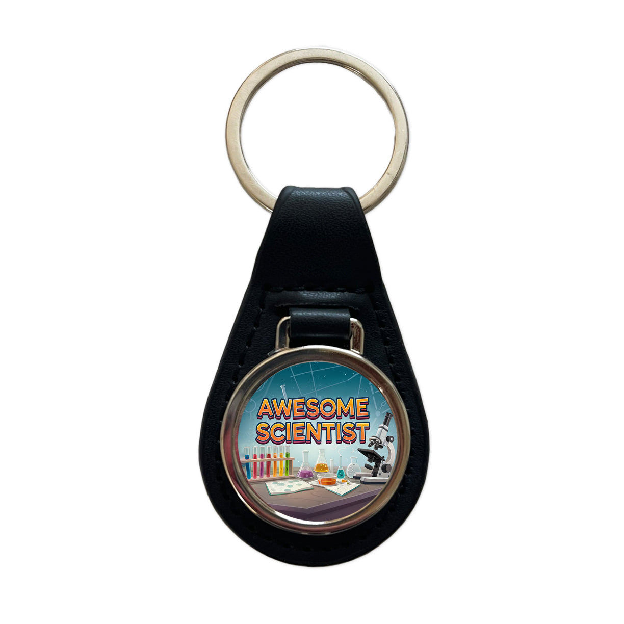 Awesome Scientist Inspirational Lab Microscope Black Leather Metal Keychain