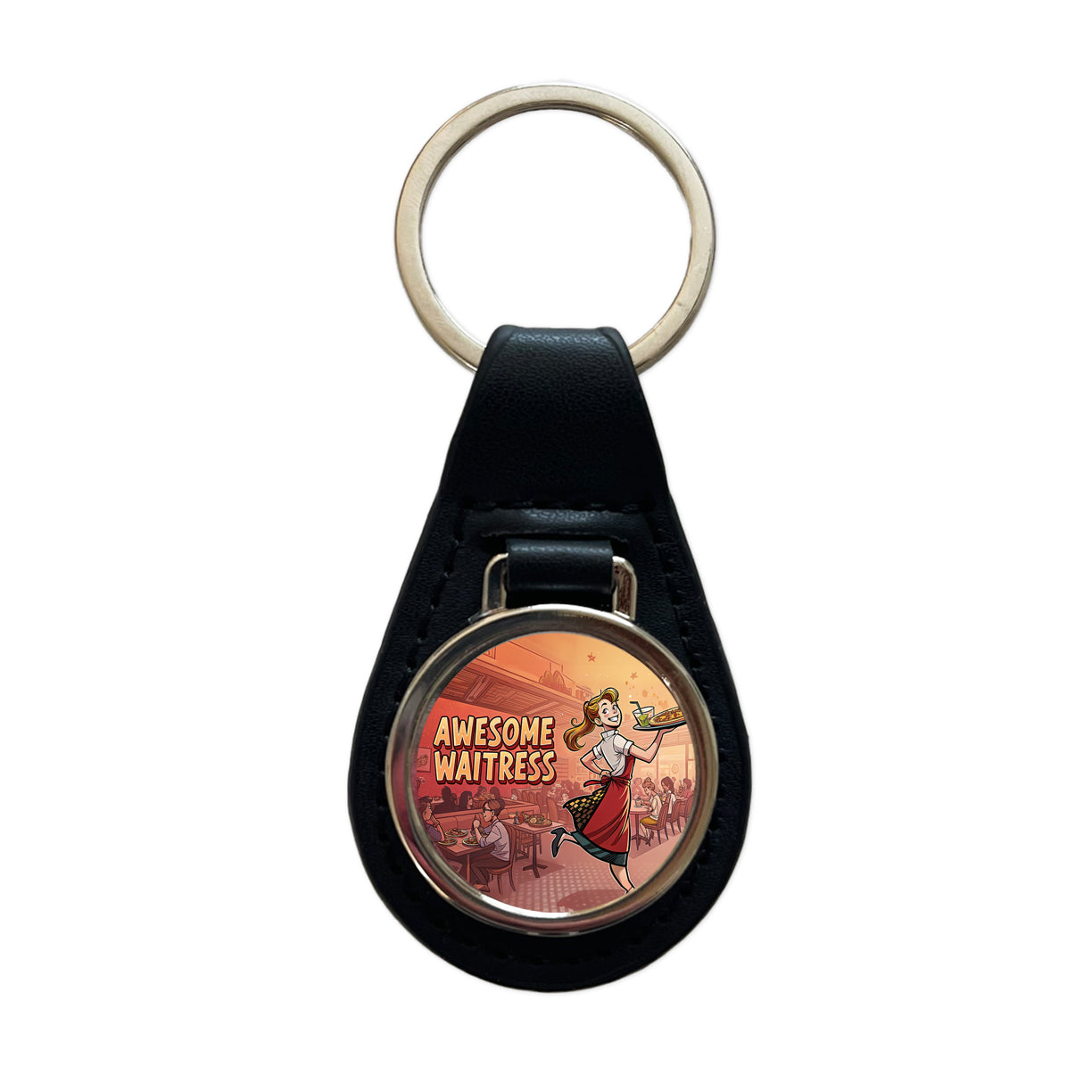 Awesome Waitress Inspirational Food Server Black Leather Metal Keychain