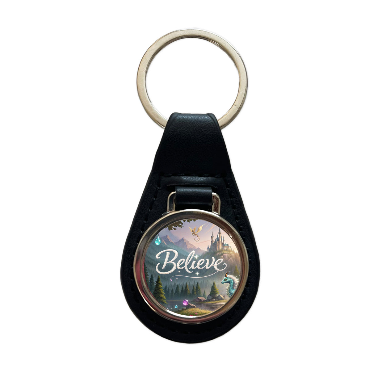 Believe Fantasy Creatures Black Leather Metal Keychain