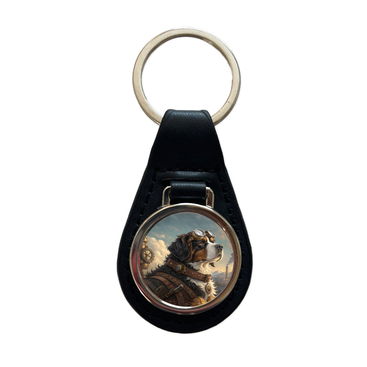 Bernese Mountain Dog Steampunk Black Leather Metal Keychain