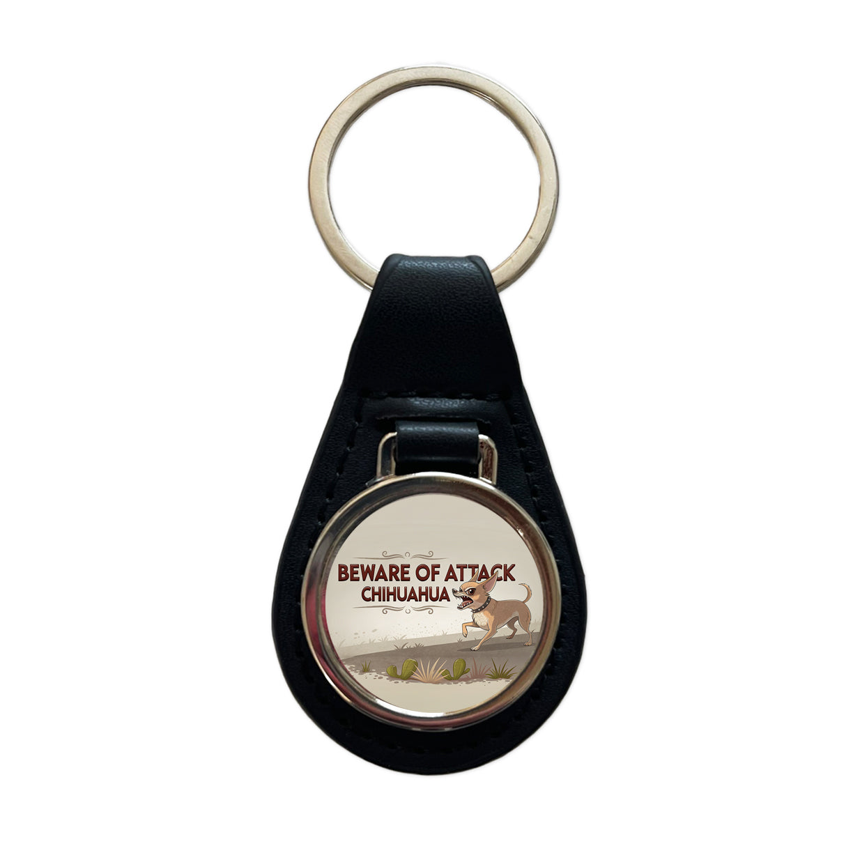 Beware Of Attack Chihuahua Dog Funny Black Leather Metal Keychain