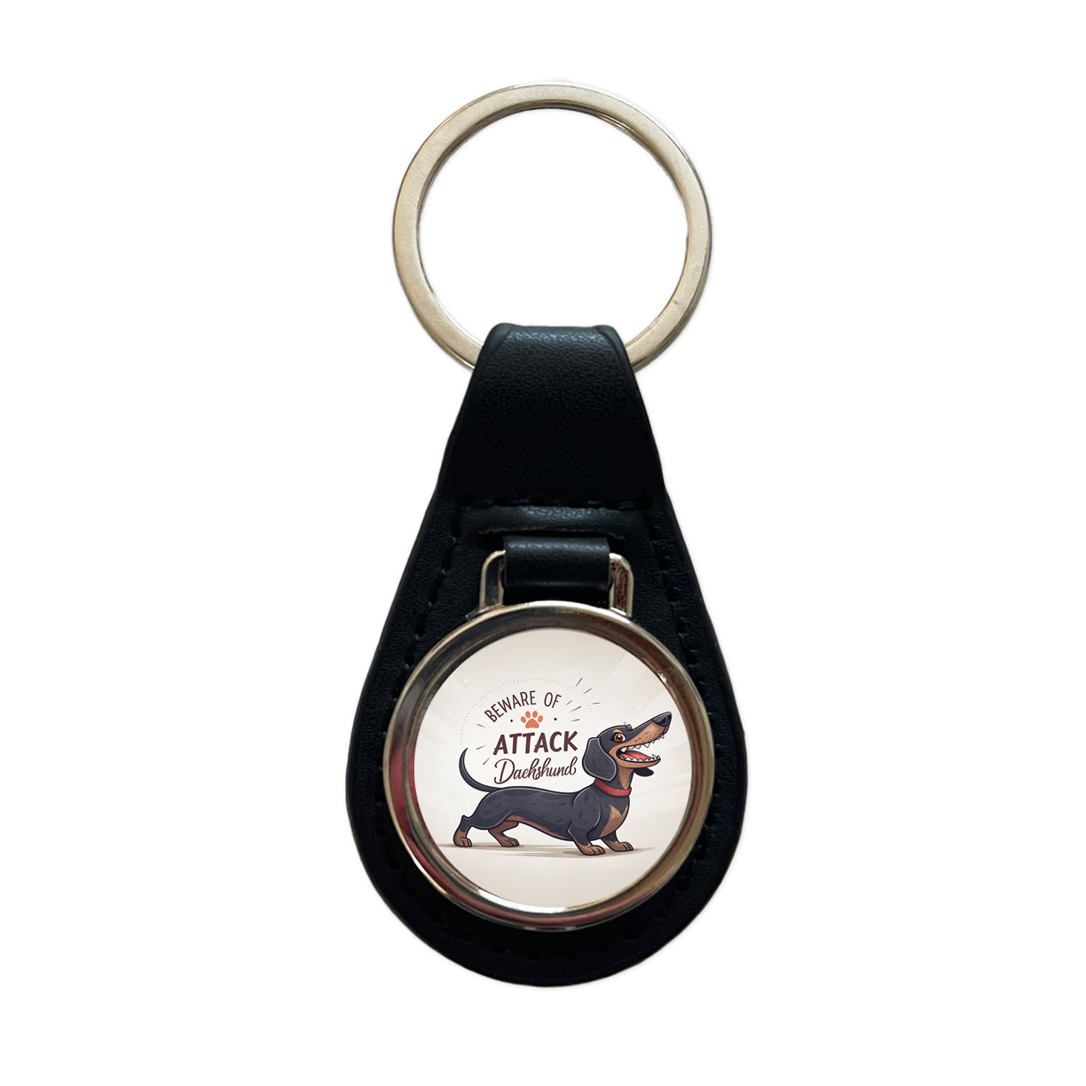 Beware Of Attack Dachshund Dog Funny Black Leather Metal Keychain