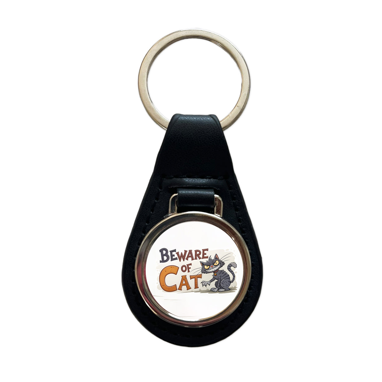 Beware Of Cat Funny Black Leather Metal Keychain