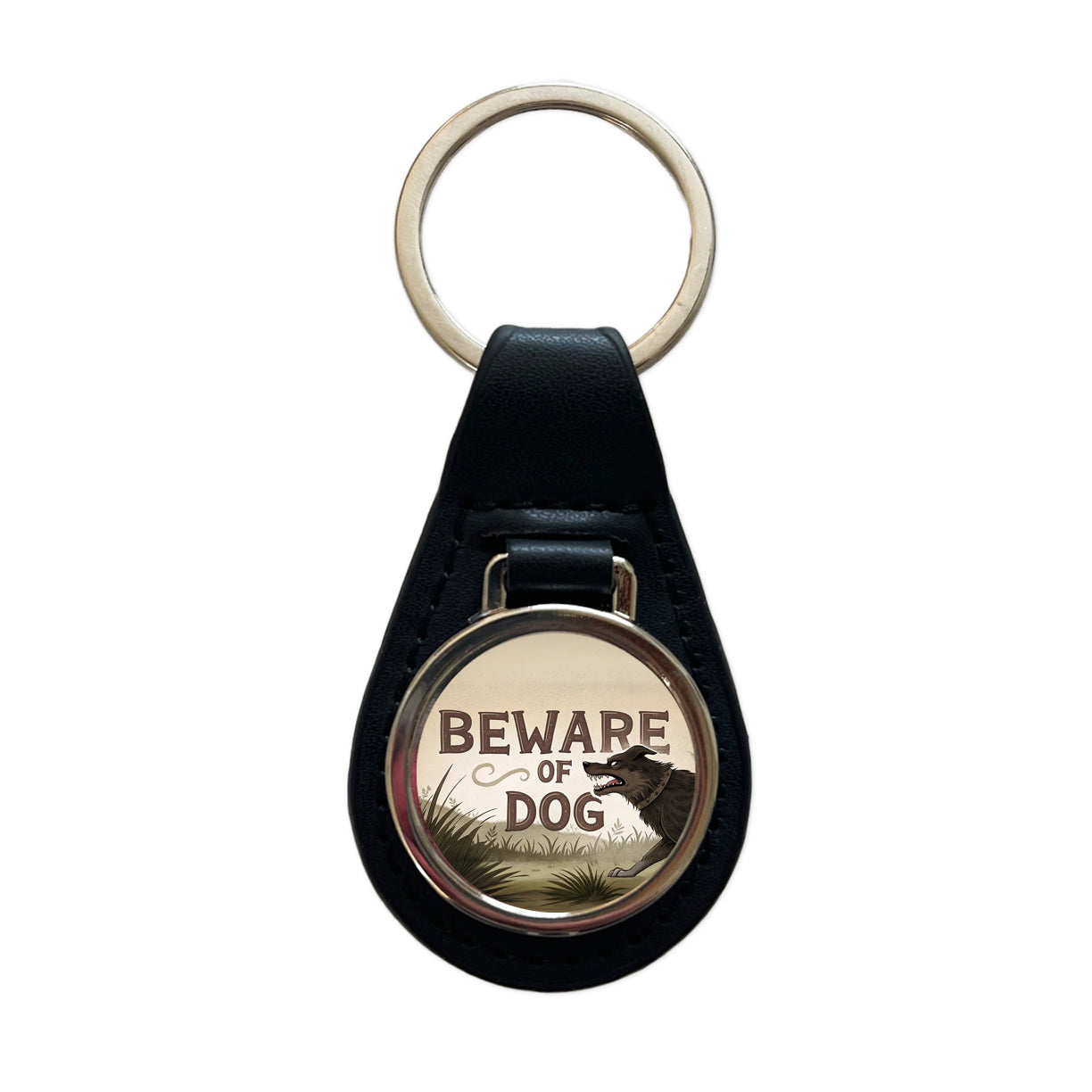 Beware Of Dog Mean Black Leather Metal Keychain