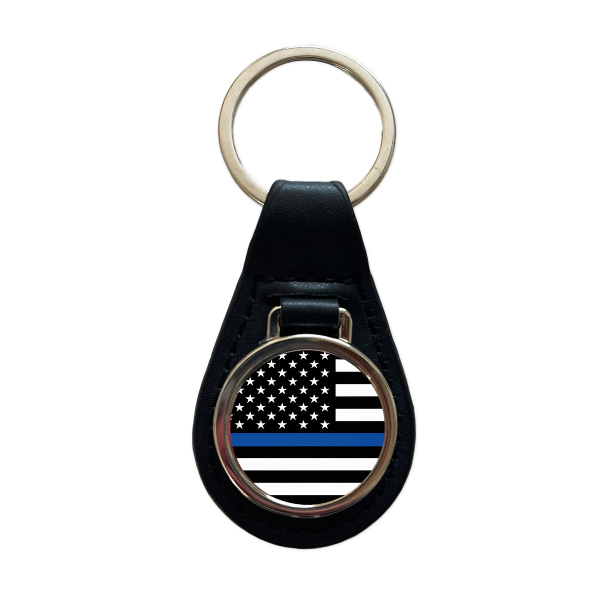 Black and White Thin Blue Line Police American Flag Black Leather Metal Keychain