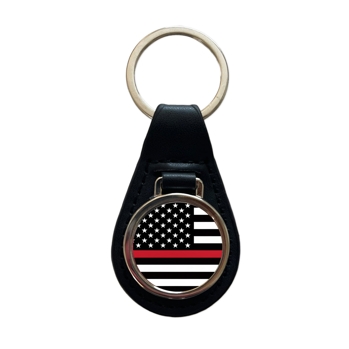 Black and White Thin Red Line Firefighter American Flag Black Leather Metal Keychain