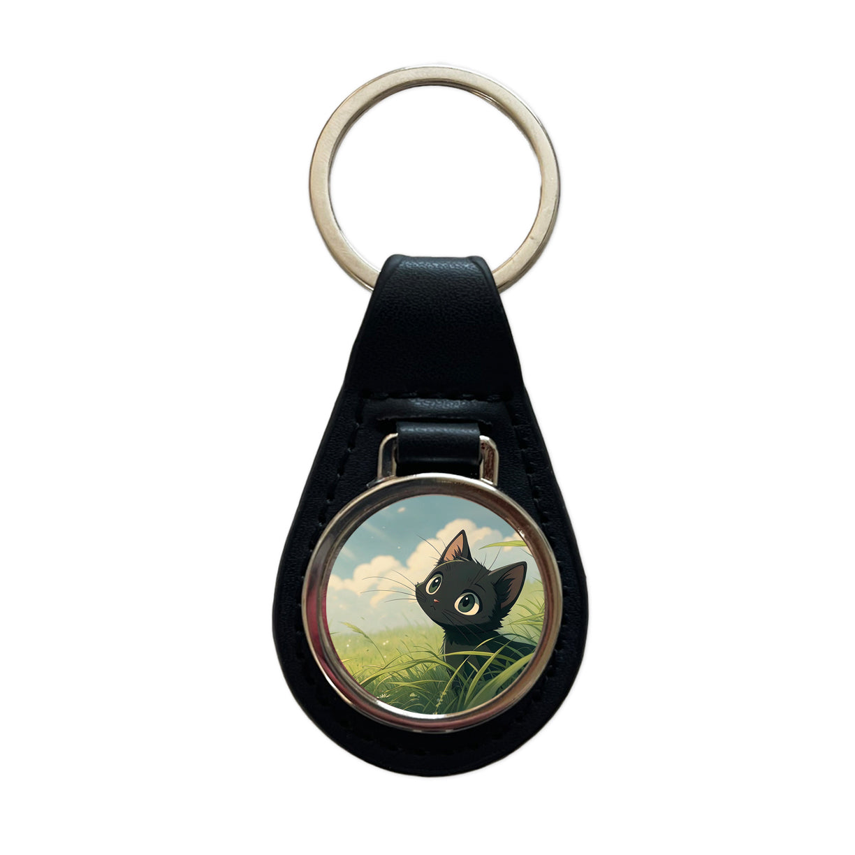 Black Kitten Cat in Field of Grass Anime Style Black Leather Metal Keychain