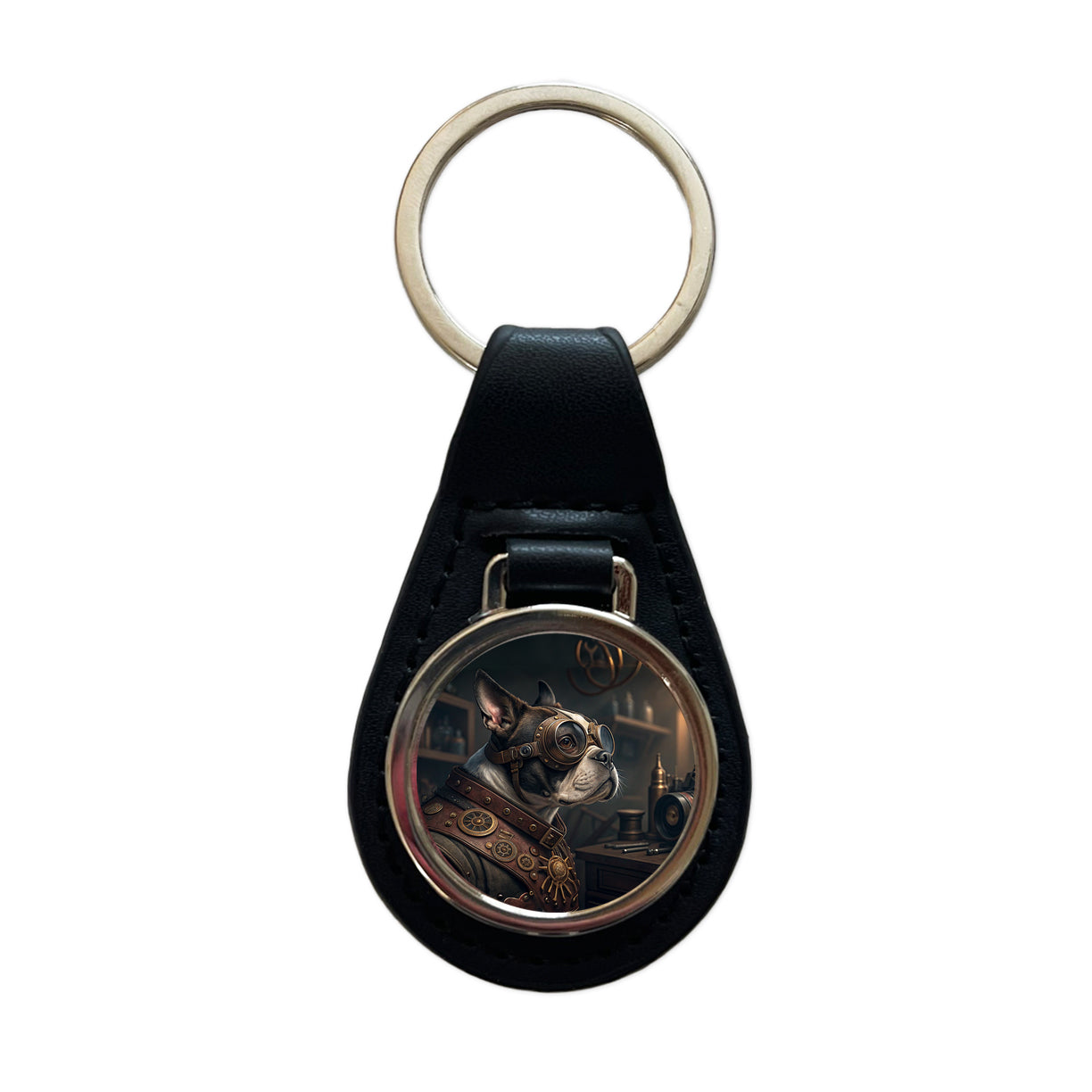 Boston Terrier Dog Steampunk Black Leather Metal Keychain