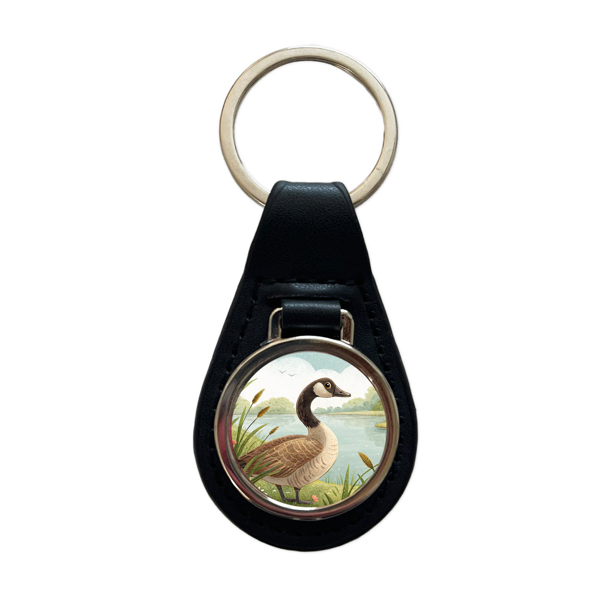Canadian Canada Goose Children's Illustration Style Black Leather Metal Keychain
