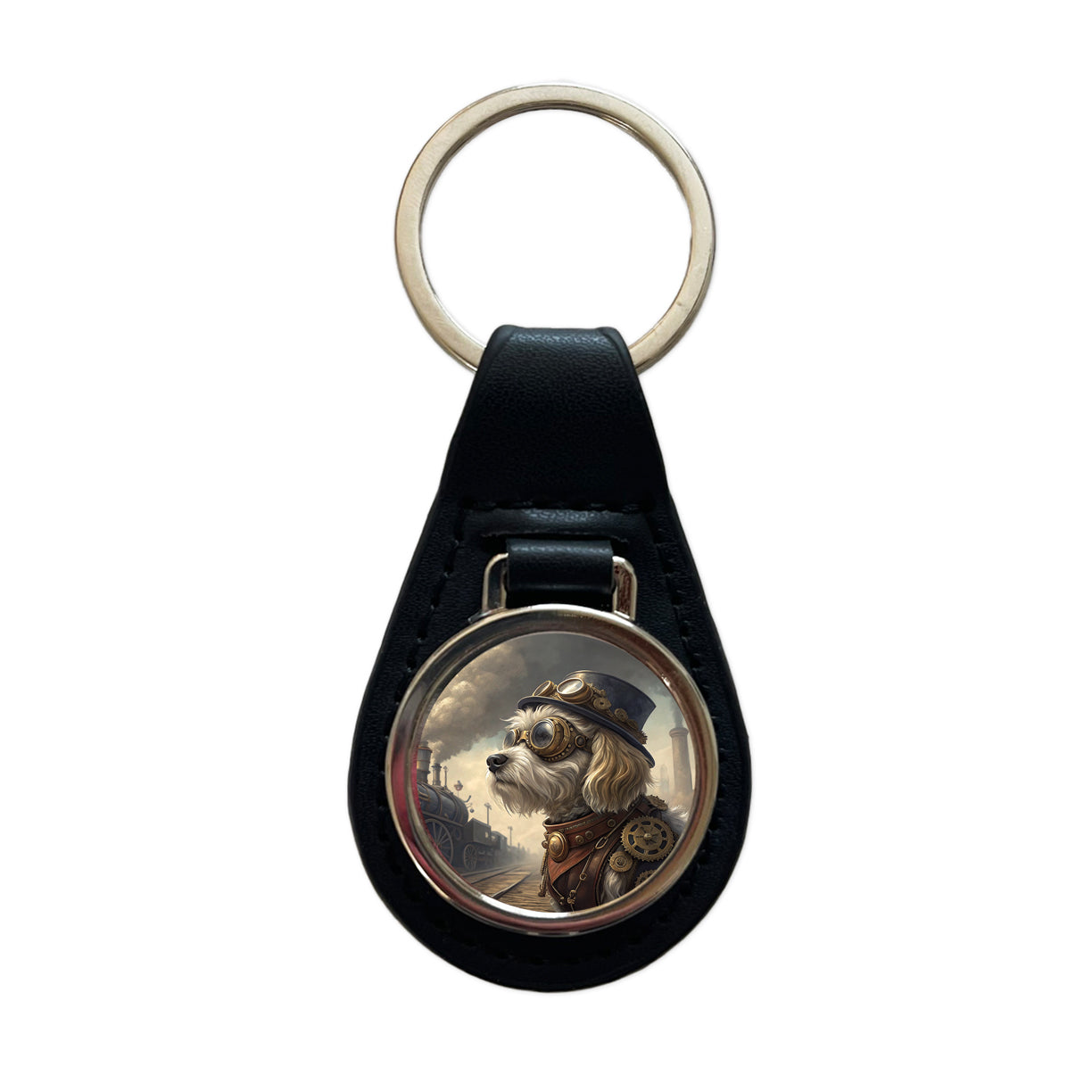Cavachon Dog Steampunk Black Leather Metal Keychain