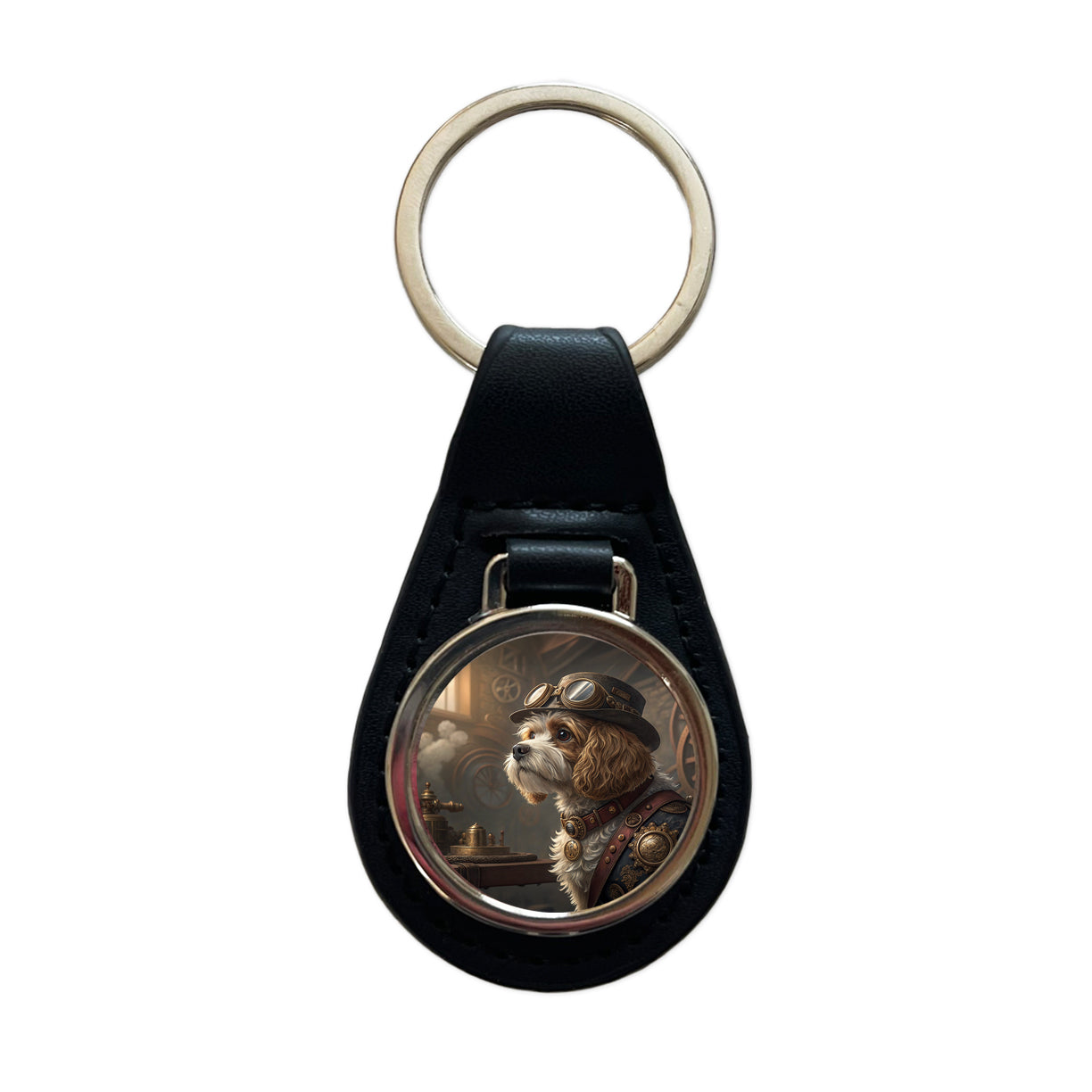 Cavapoo Dog Steampunk Black Leather Metal Keychain