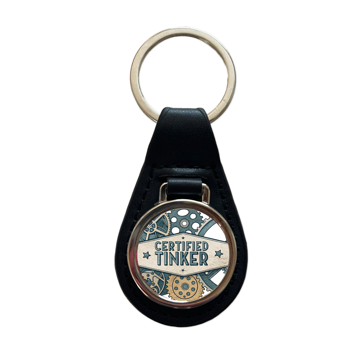 Certified Tinker Gears Black Leather Metal Keychain