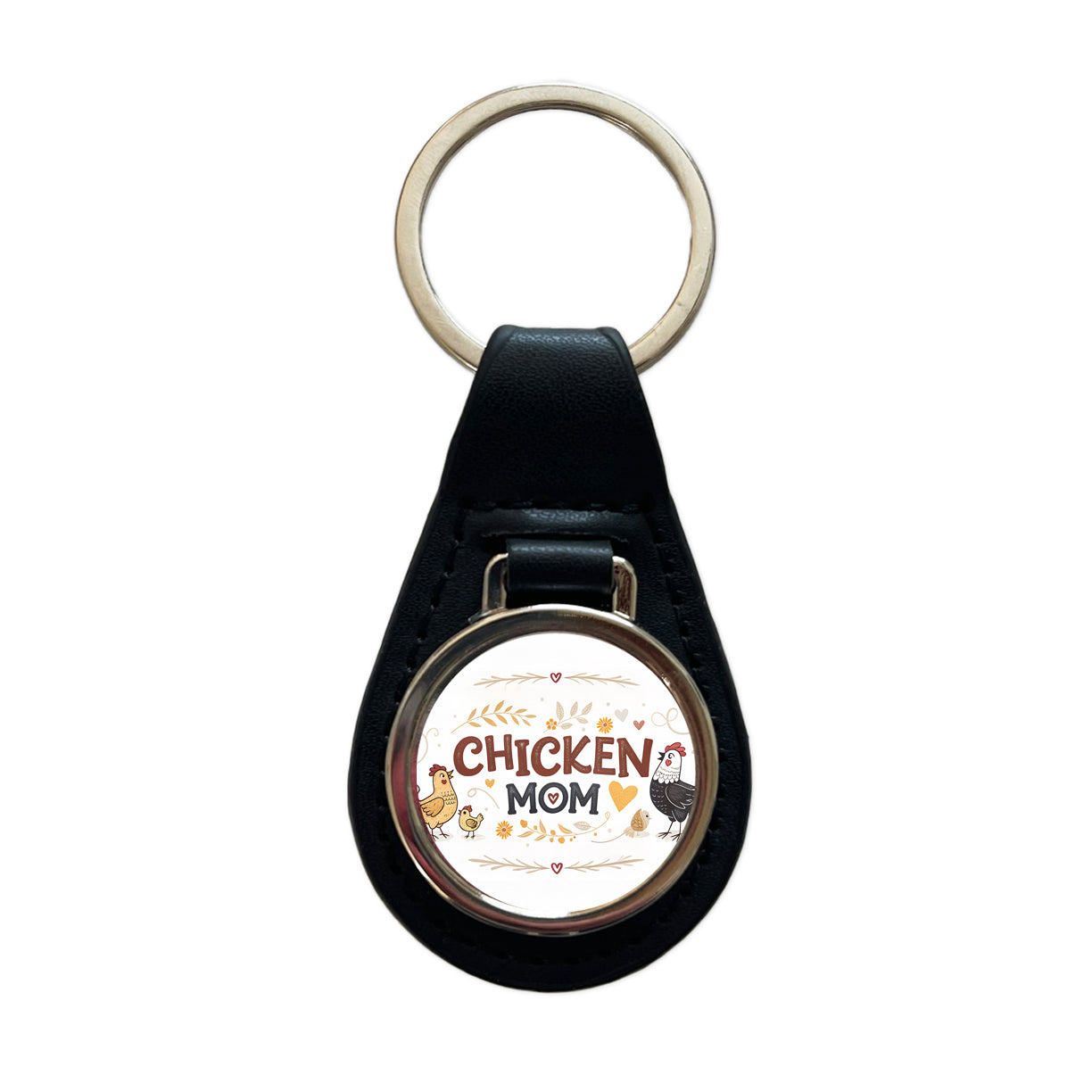Chicken Mom Cute Funny Black Leather Metal Keychain