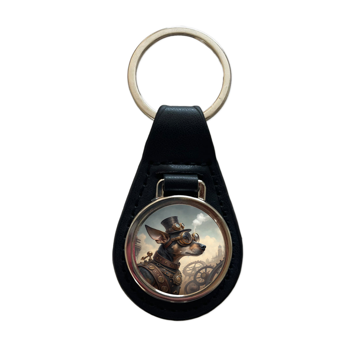 Chiweenie Dog Steampunk Black Leather Metal Keychain