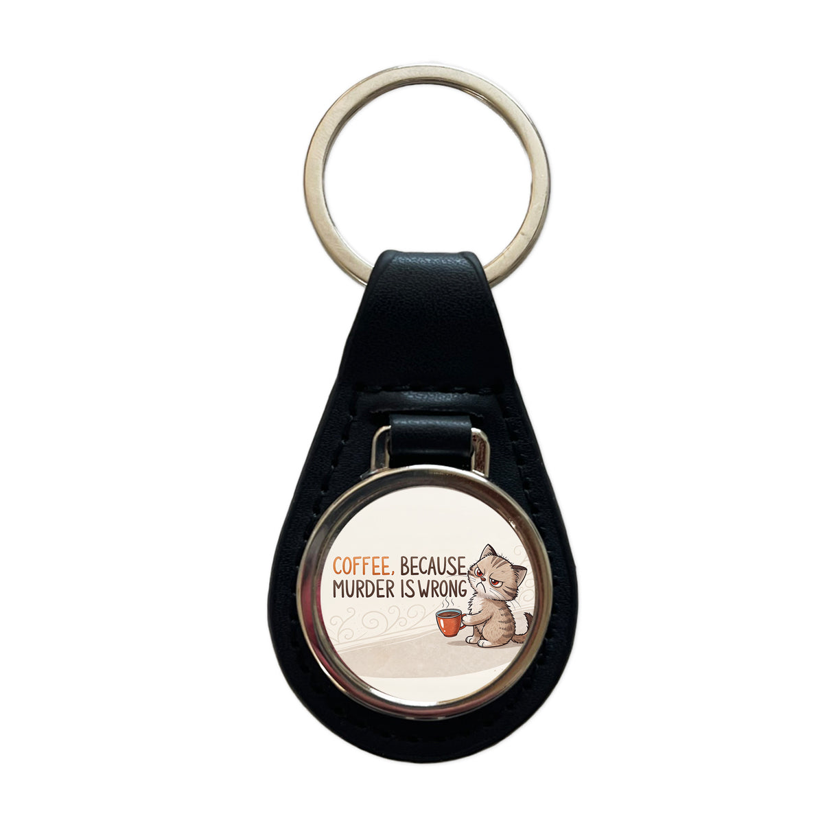 Coffee Because Murder Is Wrong Funny Angry Kitten Black Leather Metal Keychain