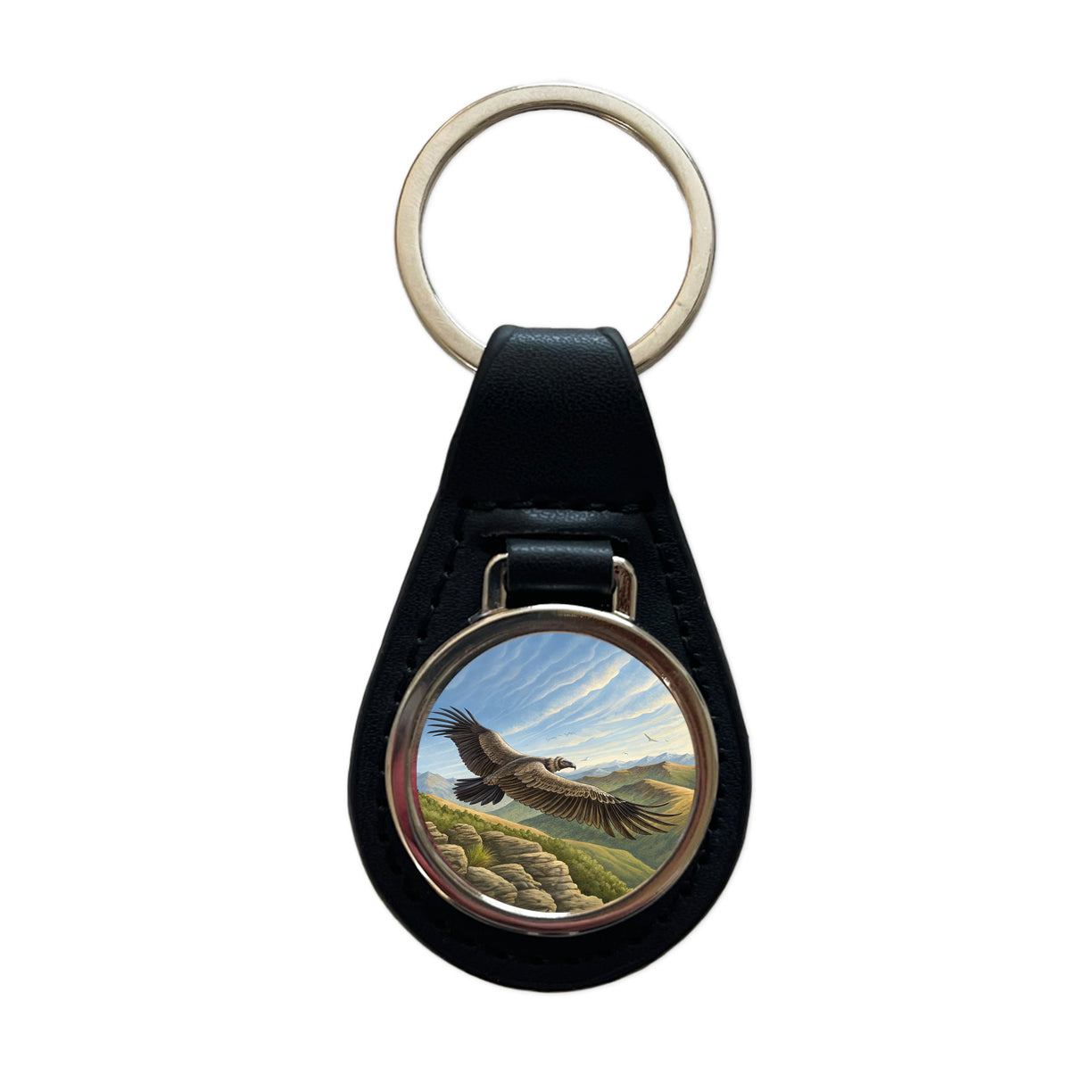 Condor in Flight Illustration Black Leather Metal Keychain