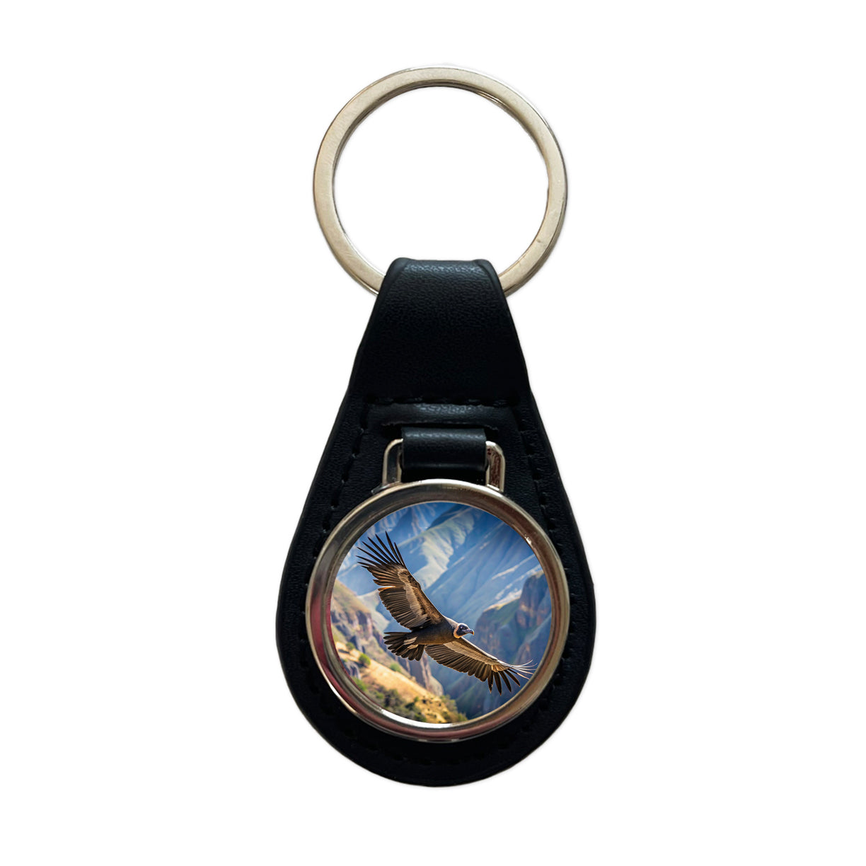 Condor In Flight Photo Black Leather Metal Keychain