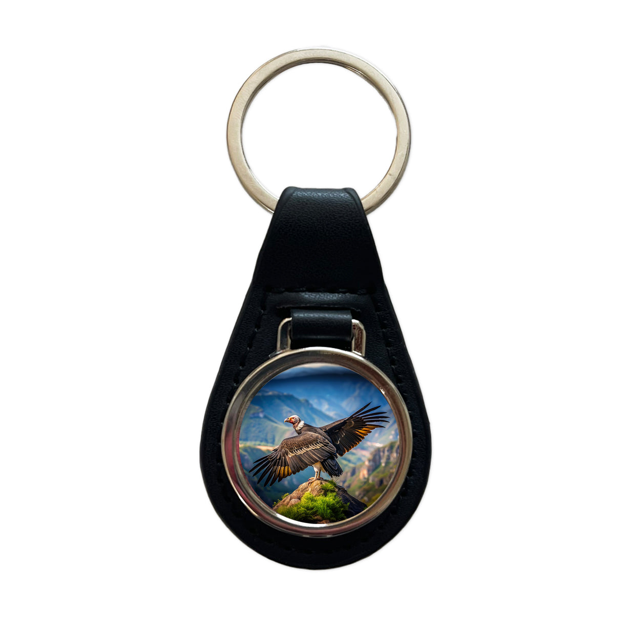 Condor on Mountain Top Black Leather Metal Keychain