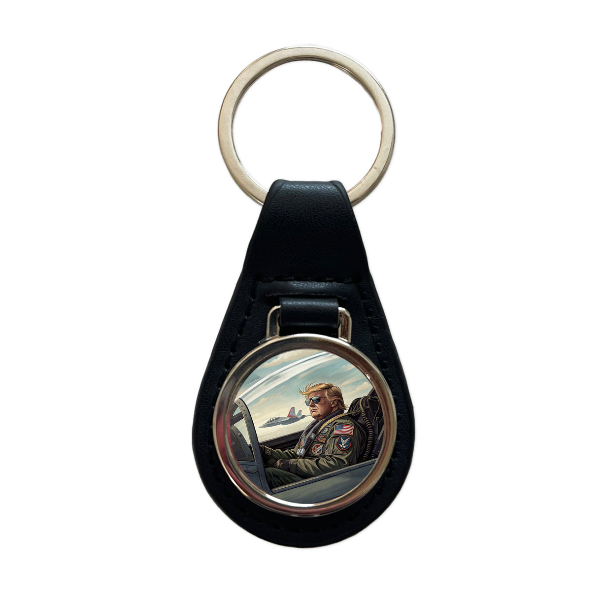 Donald Trump In Jet Fighter Funny Patriotic Black Leather Metal Keychain