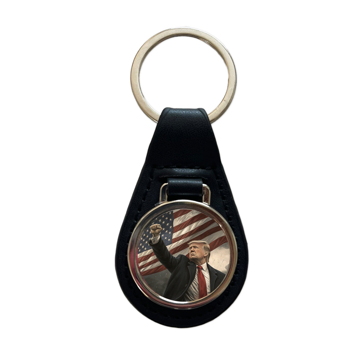 Donald Trump With Fist In The Air Patriotic Fight Black Leather Metal Keychain
