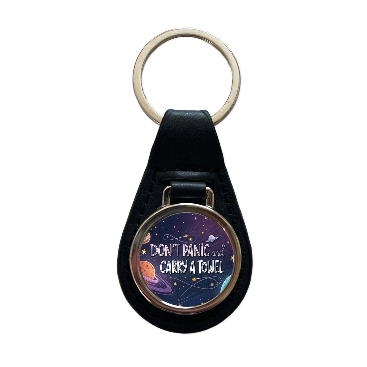 Don't Panic And Carry A Towel Funny Sci-Fi Black Leather Metal Keychain