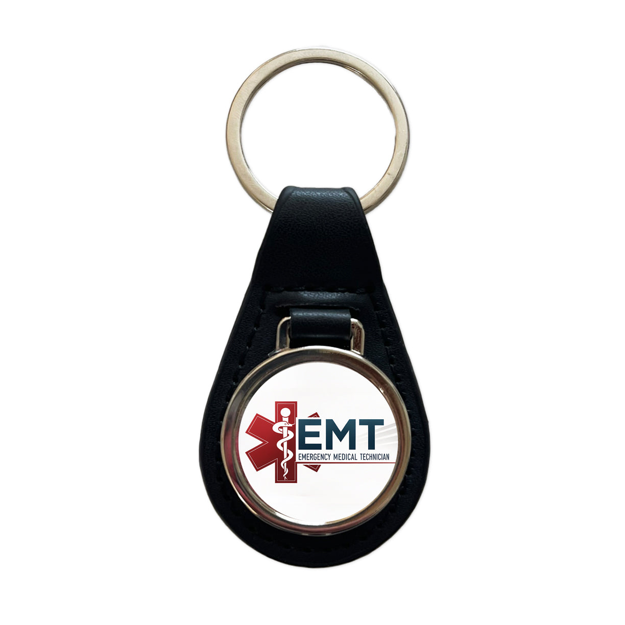 EMT Emergency Medical Technician Black Leather Metal Keychain