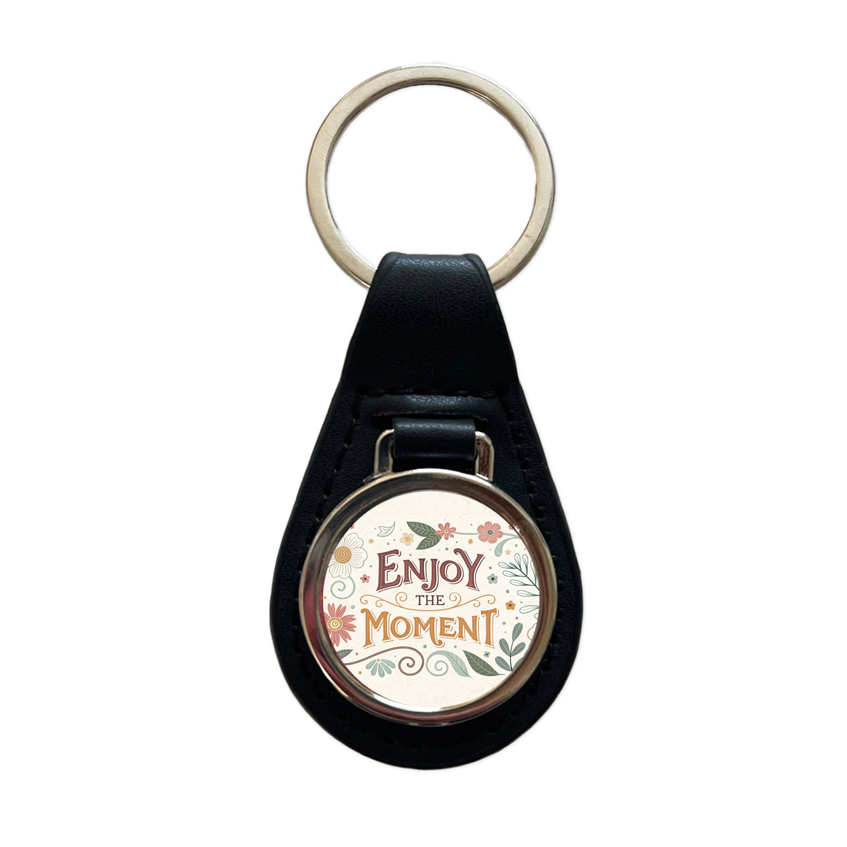 Enjoy The Moment Retro Floral Inspirational Black Leather Metal Keychain