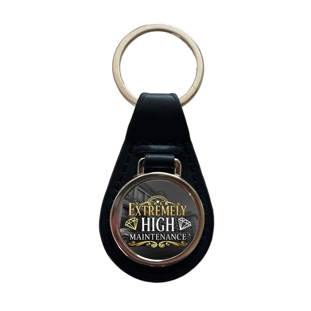 Extremely High Maintenance Funny Gold Diamonds Black Leather Metal Keychain