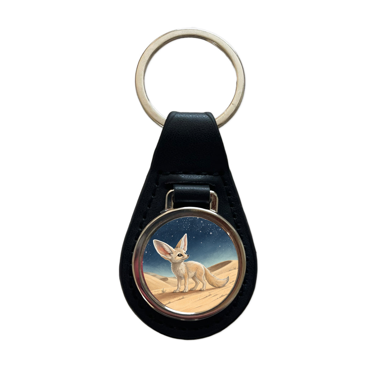 Fennec Fox Illustration Black Leather Metal Keychain