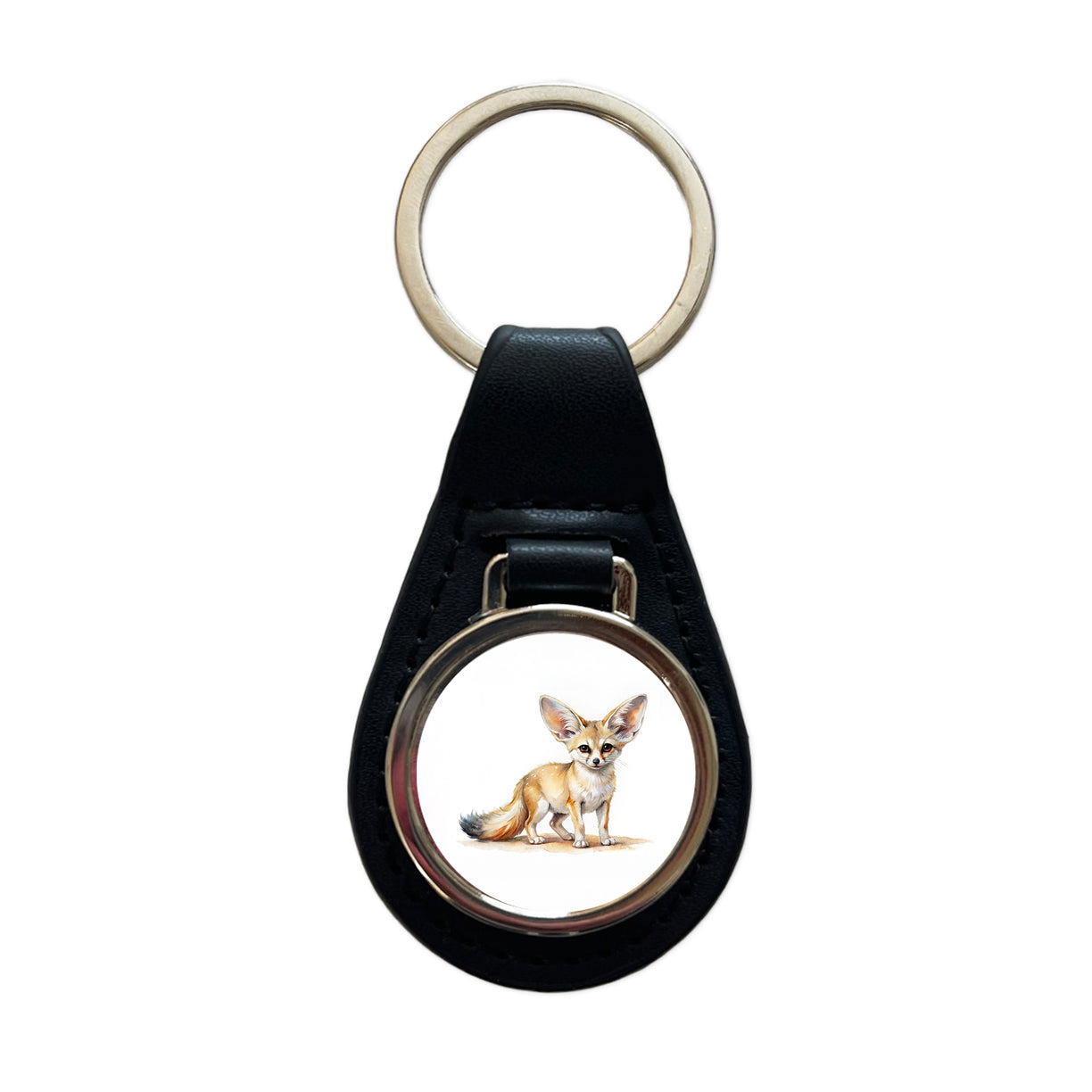 Fennec Fox Watercolor Black Leather Metal Keychain