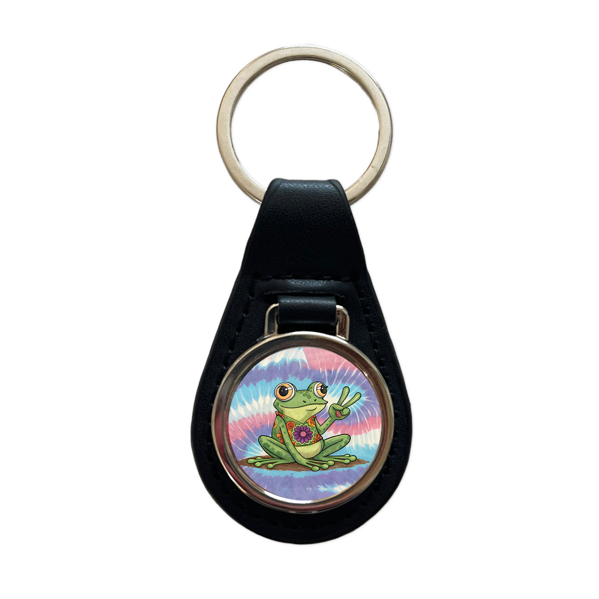 Frog Giving Peace Sign Tie-Dye Cartoon Black Leather Metal Keychain