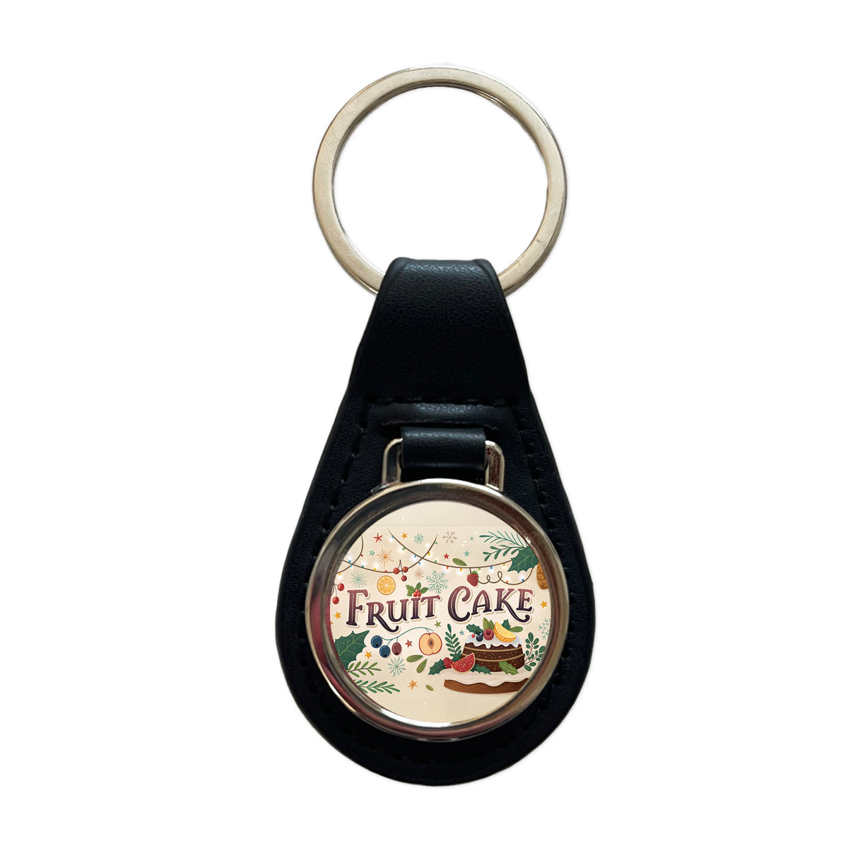 Fruitcake Holiday Fruit Cake Black Leather Metal Keychain