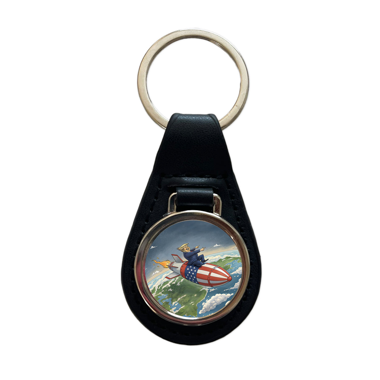 Funny Donald Trump Riding American Flag Missile Black Leather Metal Keychain
