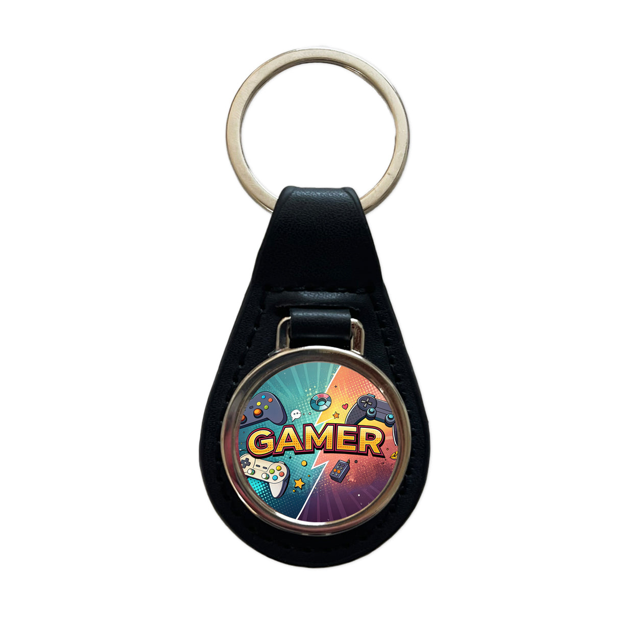 Gamer Retro Gaming Controllers Illustration Black Leather Metal Keychain