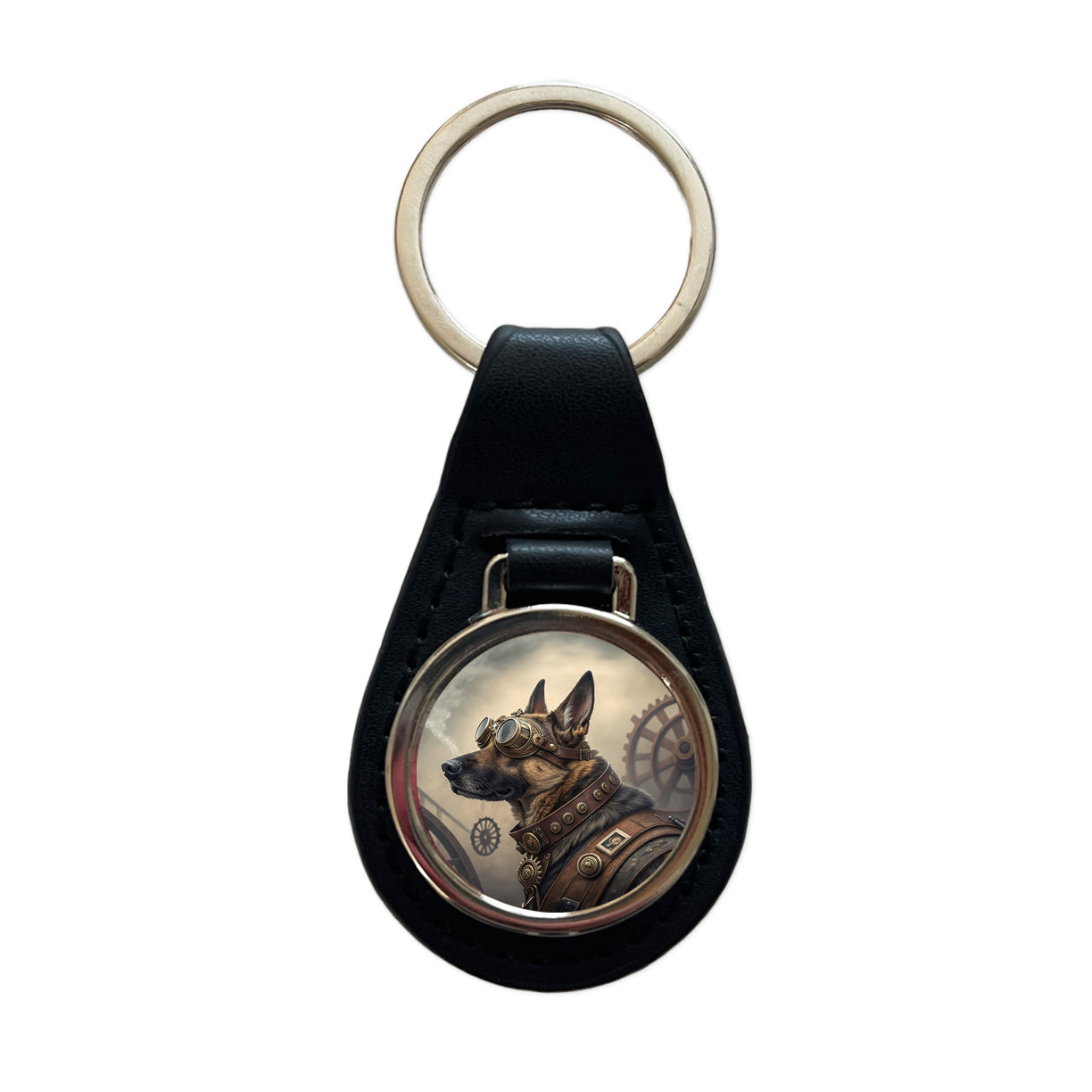 German Shepherd Dog Steampunk Black Leather Metal Keychain