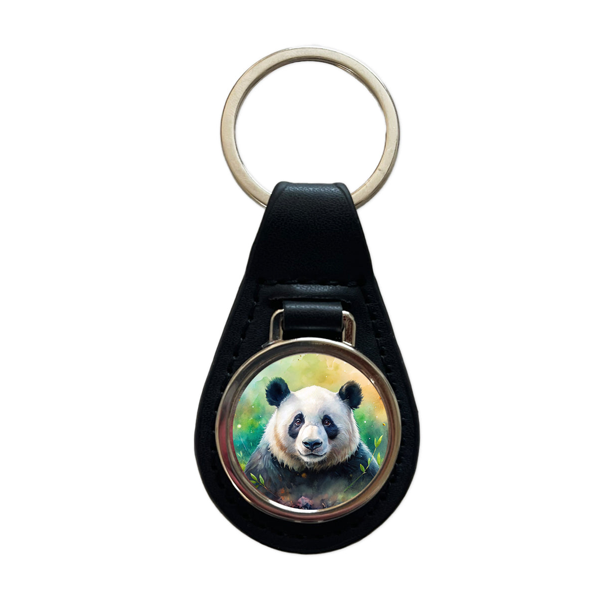 Giant Panda Bear Watercolor Black Leather Metal Keychain