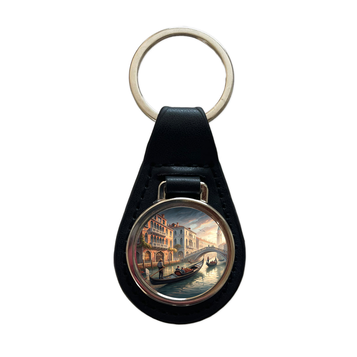 Gondolas on Canal Venice Italy Black Leather Metal Keychain