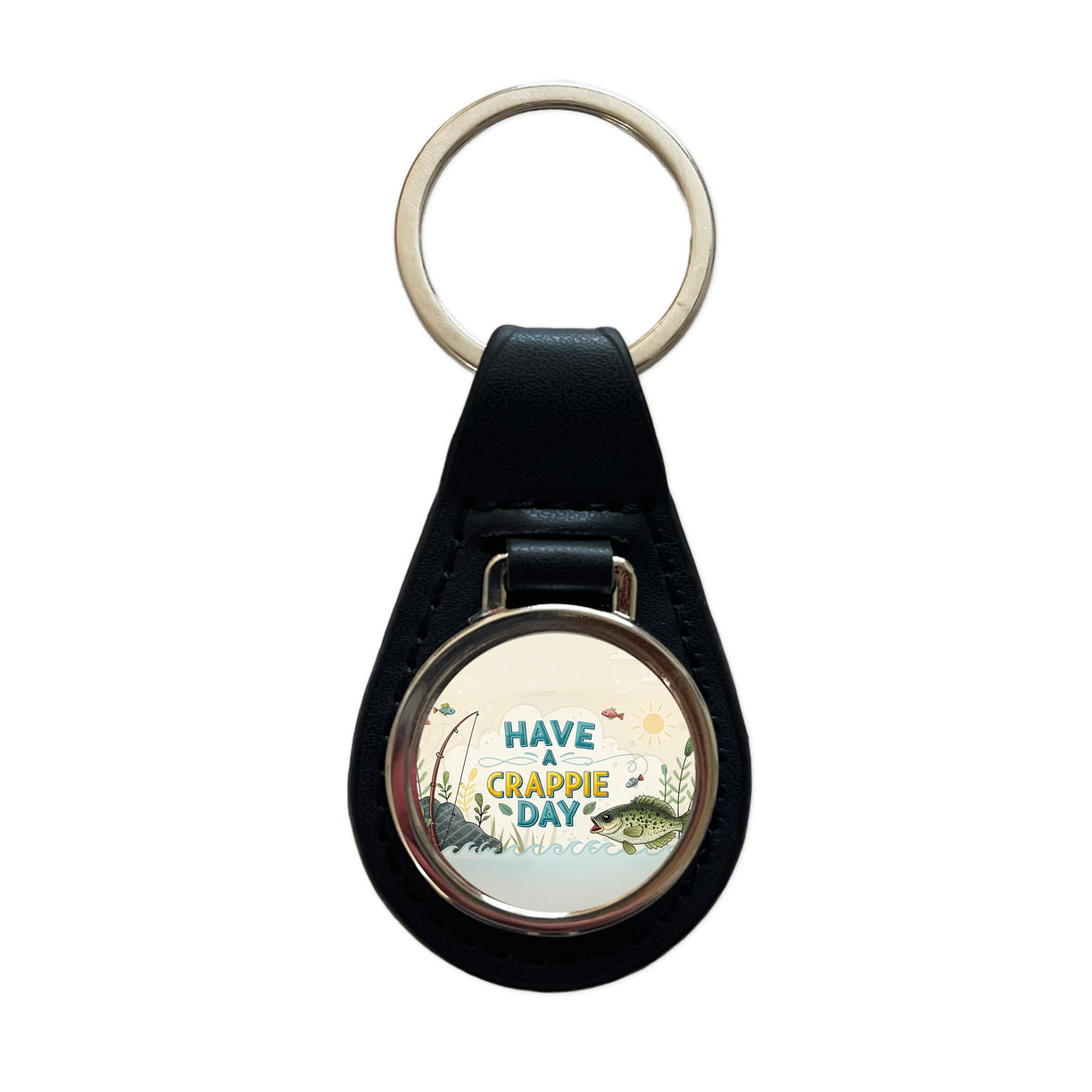Have a Crappie Day Funny Fishing Fish Saying Black Leather Metal Keychain