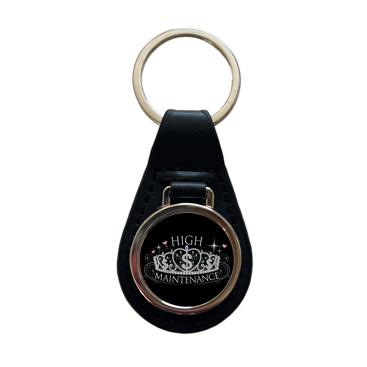 High Maintenance Diamonds Tiara Princess Funny Black Leather Metal Keychain